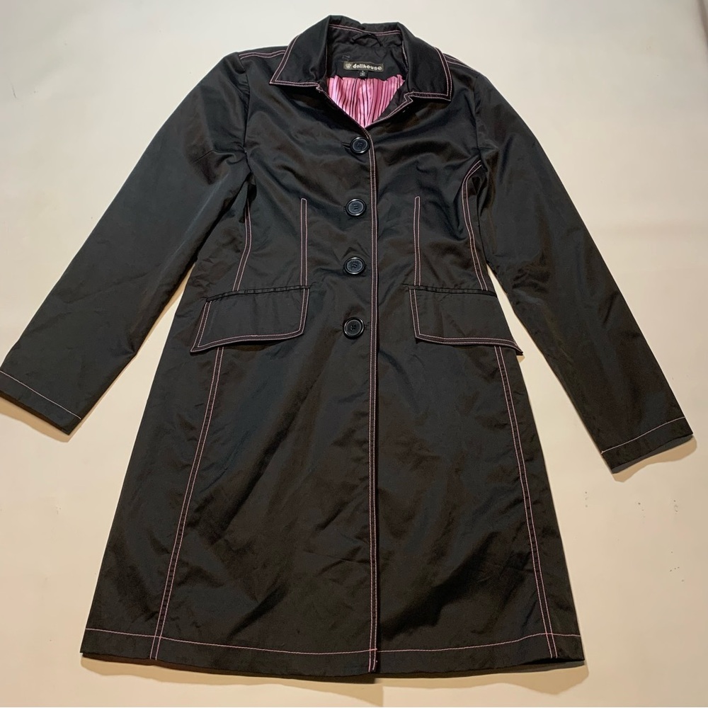 Dollhouse Women's Long Pea coat Black Pink Lining Small Y2K Button Up